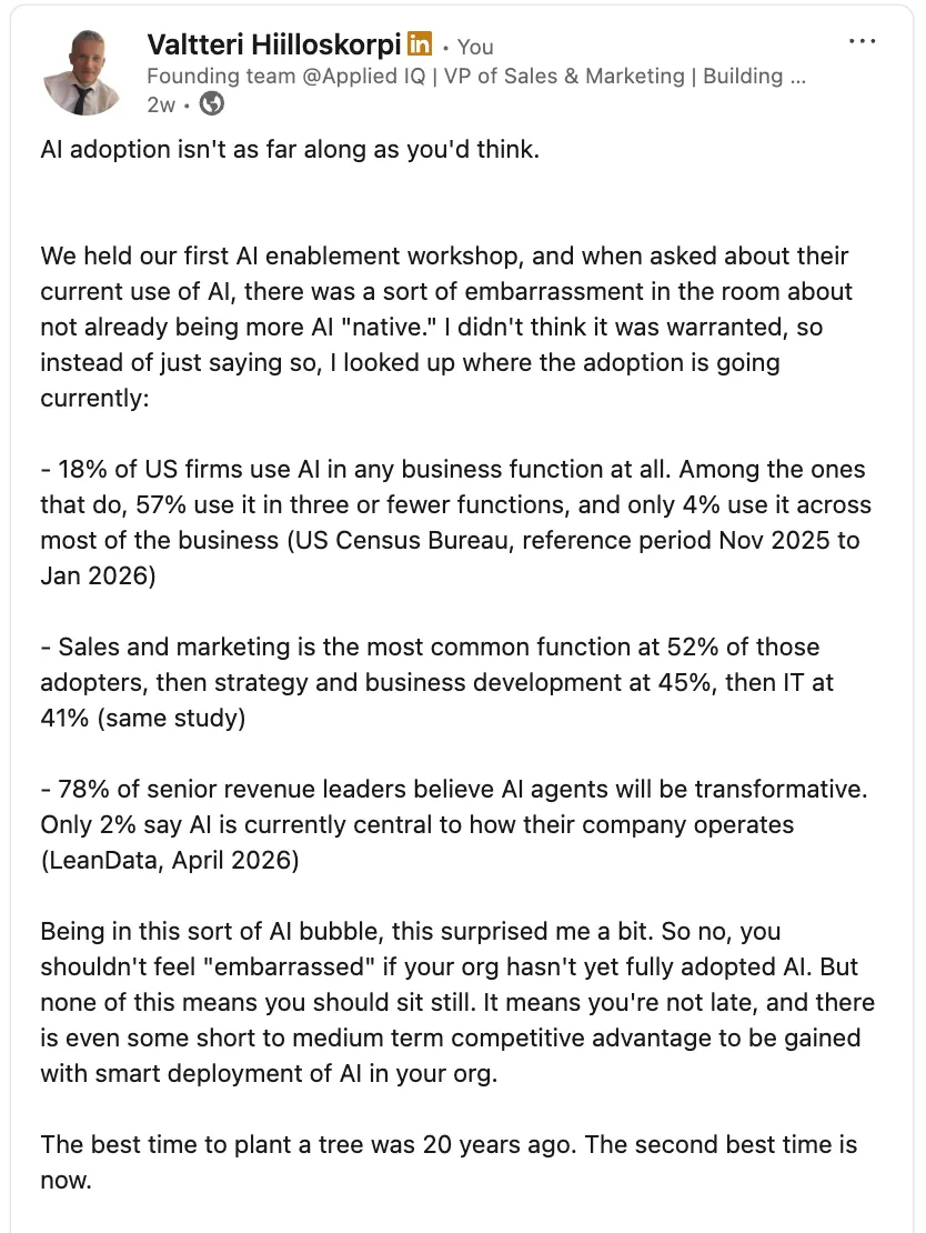 A LinkedIn post written in Val's voice profile.