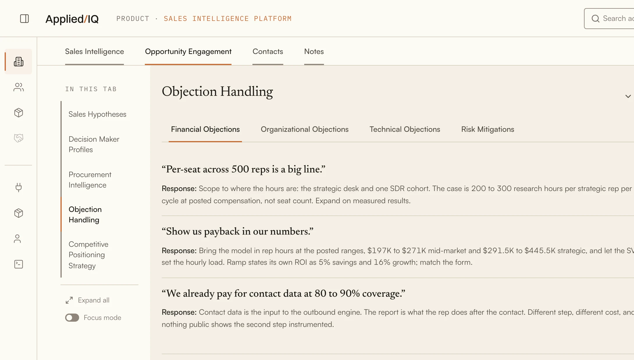 The Objection Handling section of the Ramp report: financial, organizational and technical objections, each with a response.
