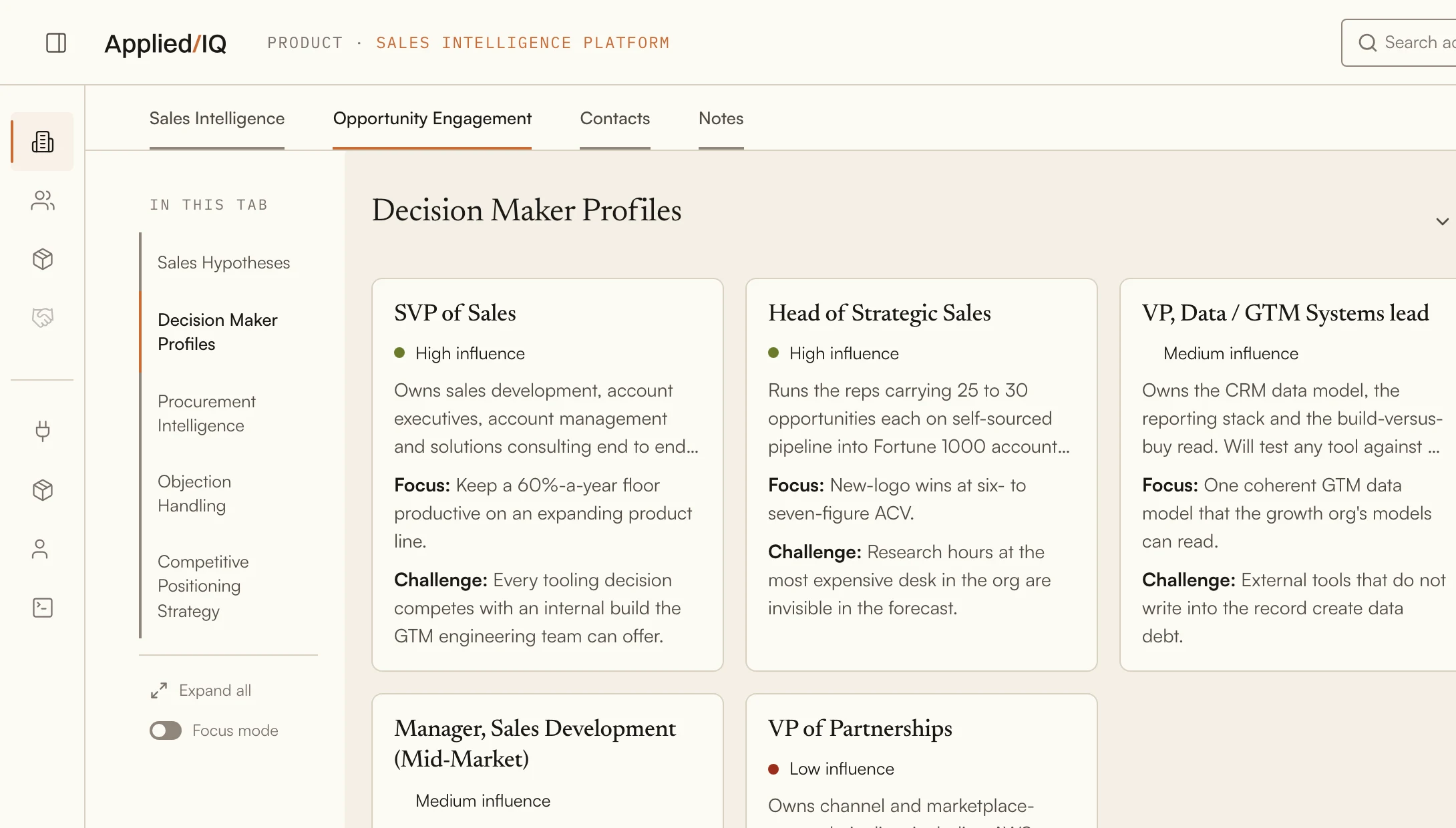 The Decision Maker Profiles section of the Ramp report: five roles with influence, focus and challenge.