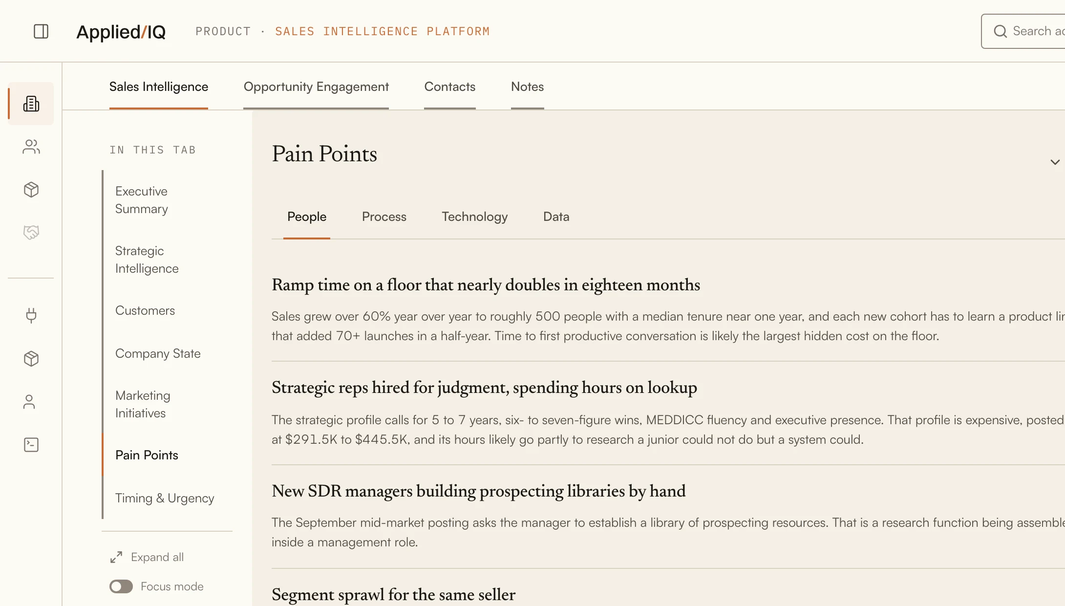 The Pain Points section of the Ramp report: people, process, technology and data, each mapped to the seller’s product.