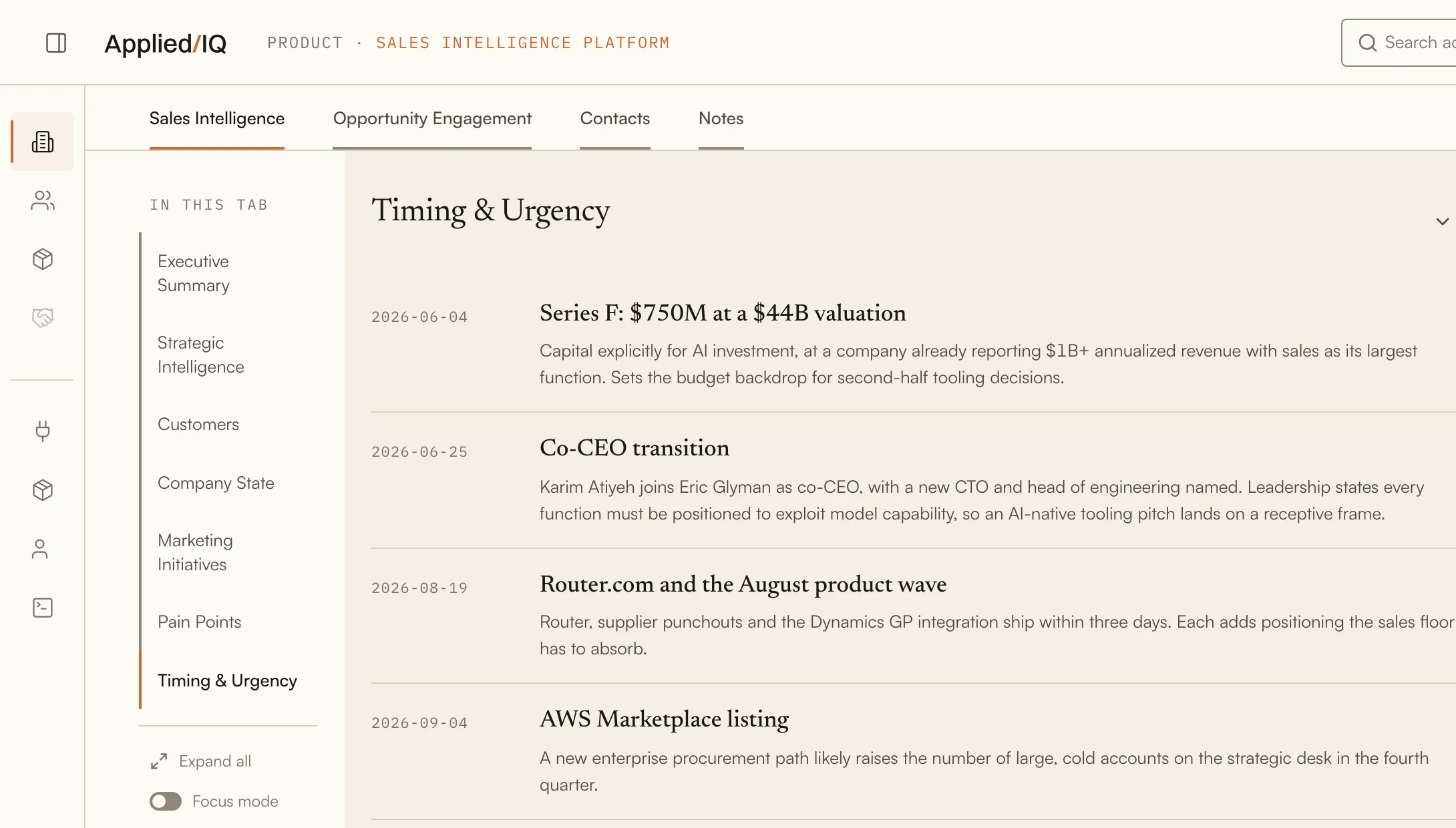 The Timing and Urgency section of the Ramp report: a dated timeline of funding, leadership, product and hiring events.