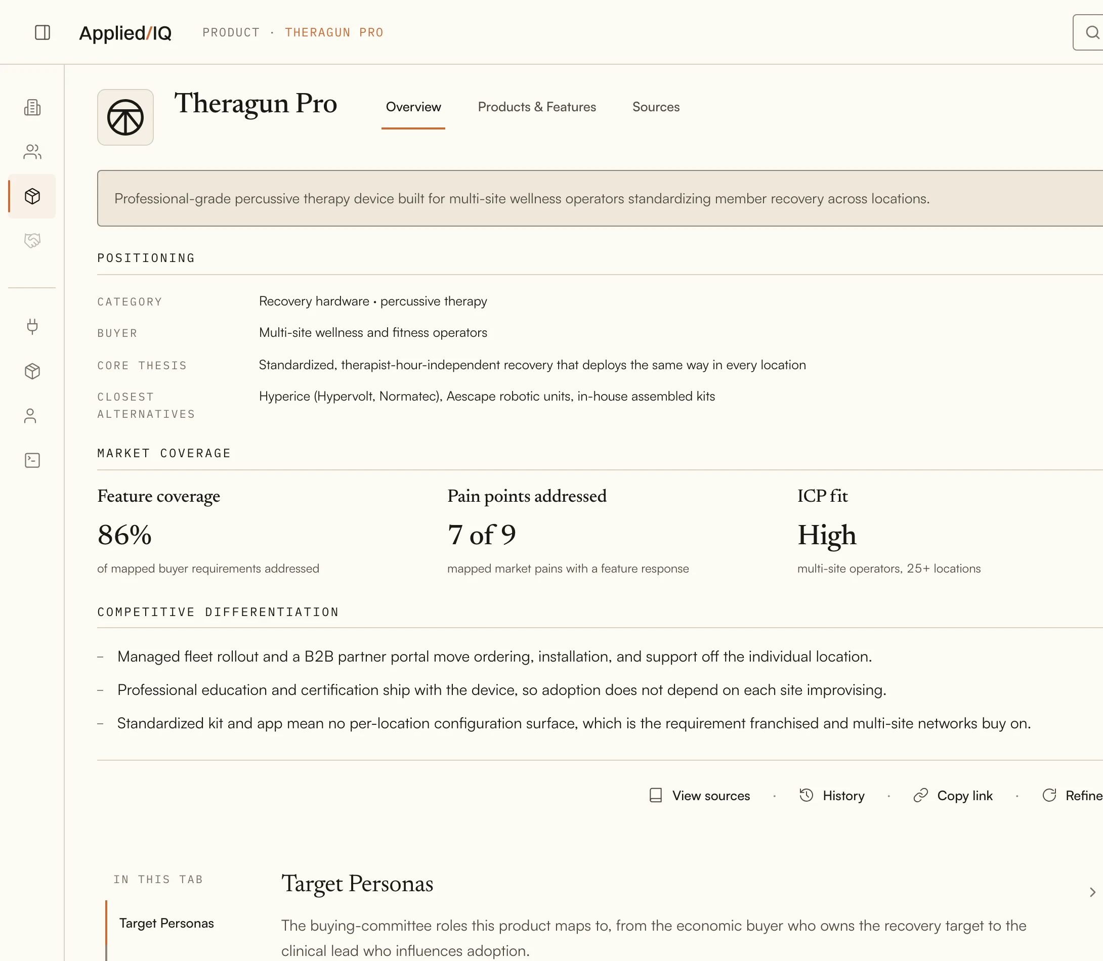 The product profile Applied IQ built for Theragun Pro: positioning, target personas, pain points addressed, ideal customer profile.