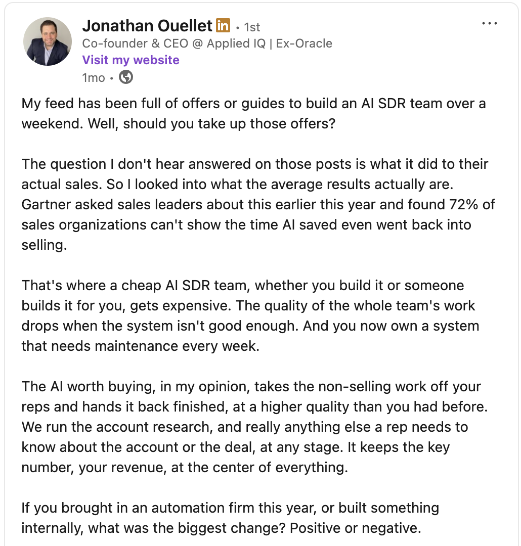 LinkedIn post written in Jonathan Ouellet's voice